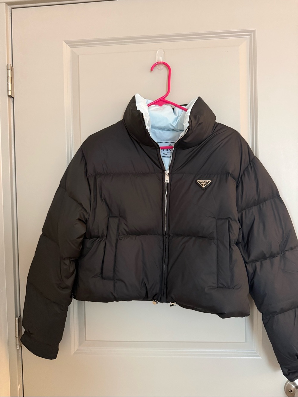 Prada Black Cropped Puffer Jacket with Triangle Logo